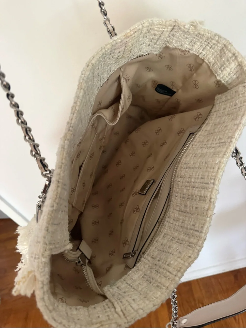 GUESS Cream Tweed Tote with Chain Handles